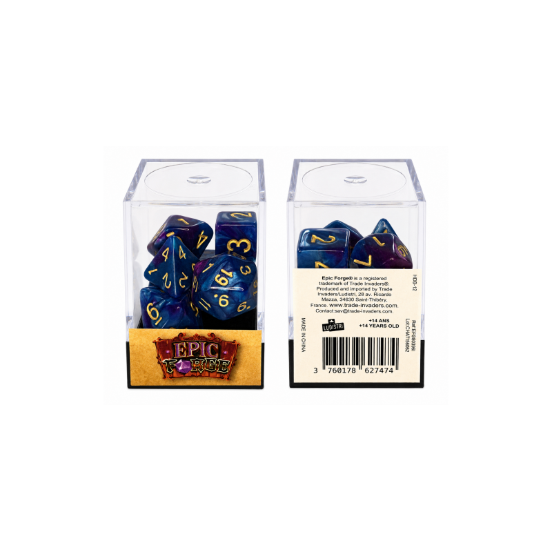 Lot de 7 dés en boîte – Fusion Bleu et violet clair