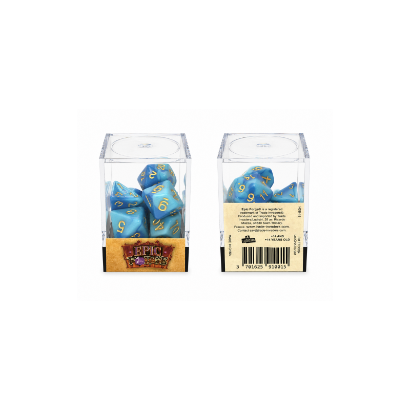 Lot de 7 dés en boîte – Fusion Bleu clair et blanc